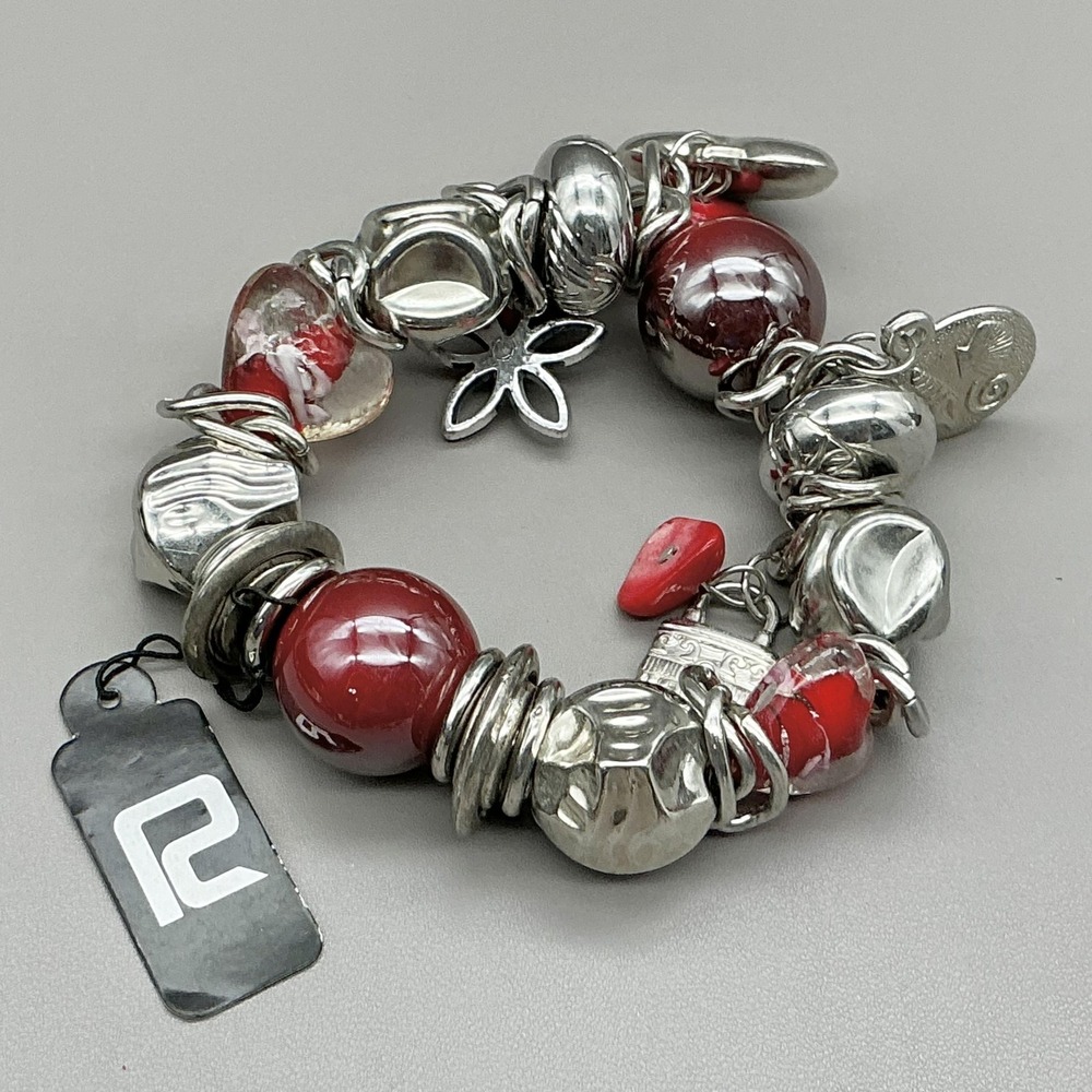 Bracelet Silver Tone Red Beaded Heart Flower Charm Stretch‎ Womens 7 In Jewelry